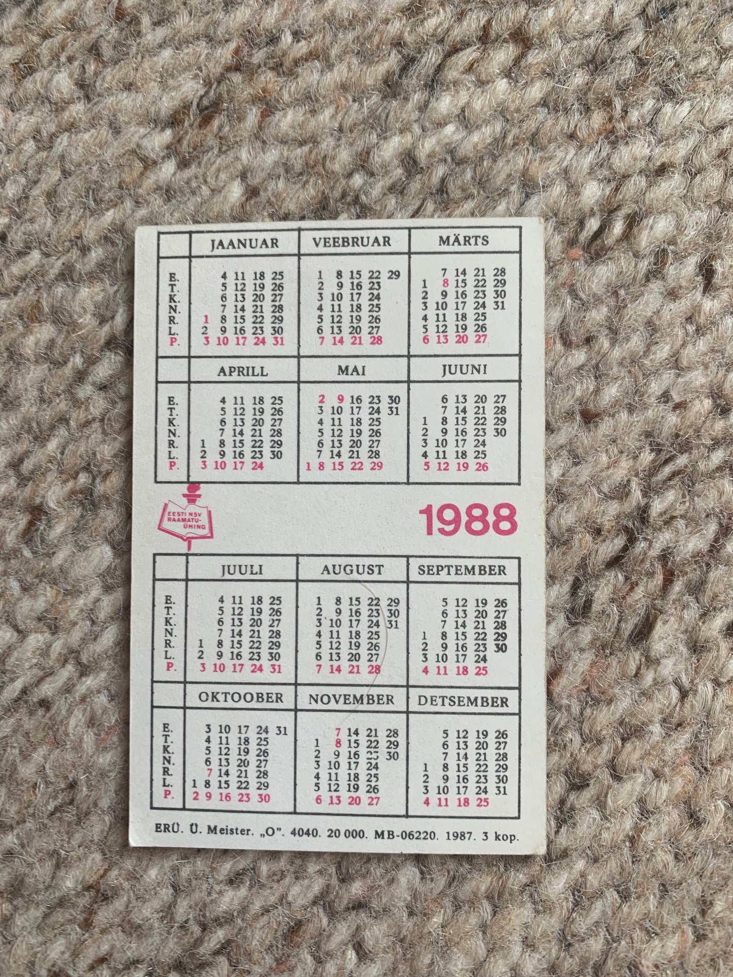 Estonian Soviet-time pocket calendar - Train ride - Pocket calendar for the year 1988