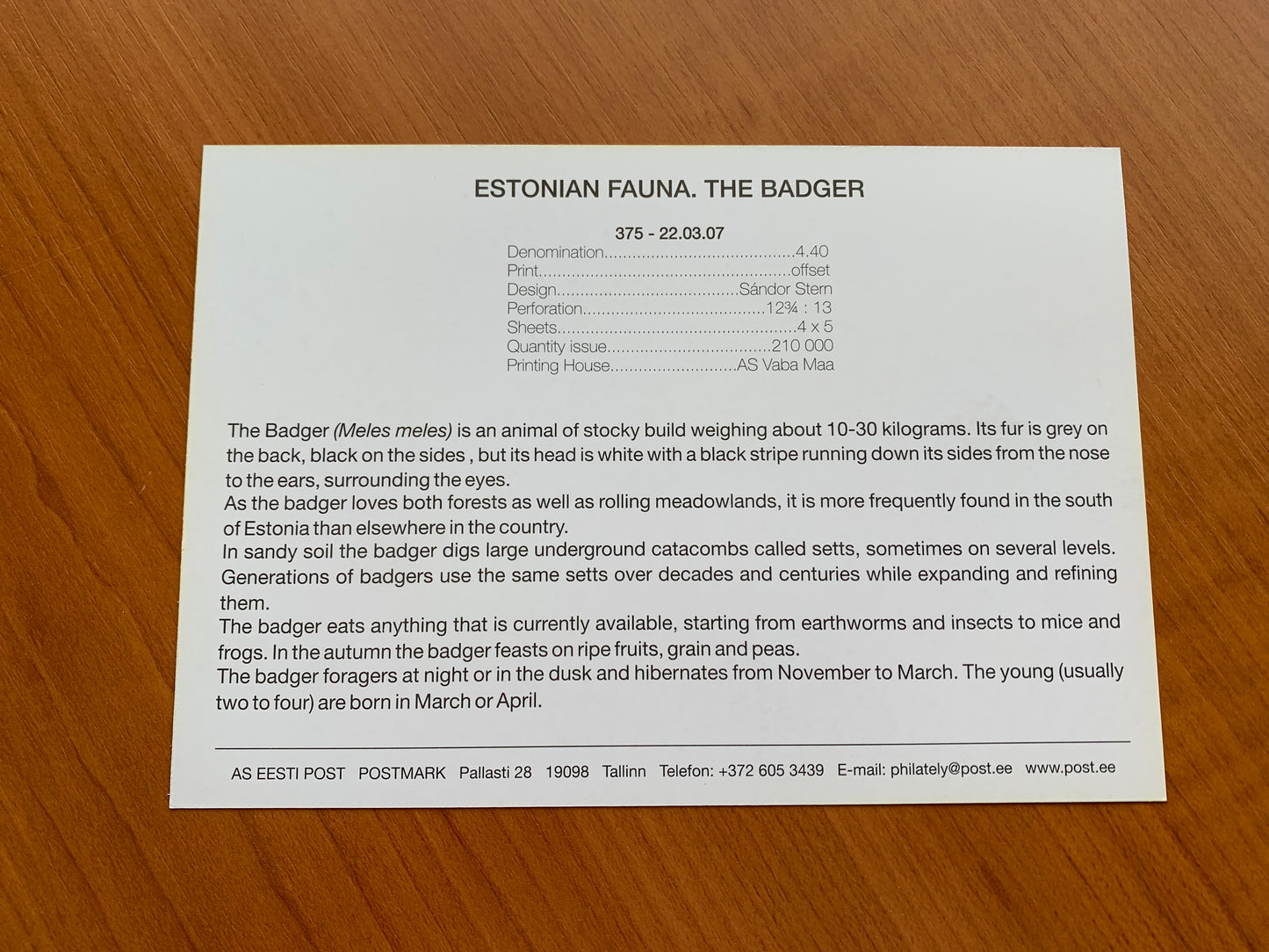 Estonian postcard - Postal stationery - ESTONIAN FAUNA. THE BADGER - Philately info card - 2007