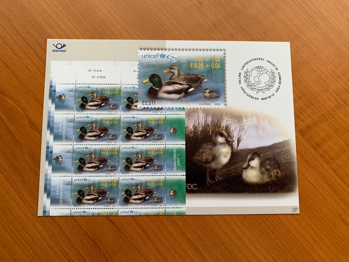 Estonian postcard - Postal stationery - UNICEF 60th ANNIVERSARY - Ducks - Philately info card - 2006