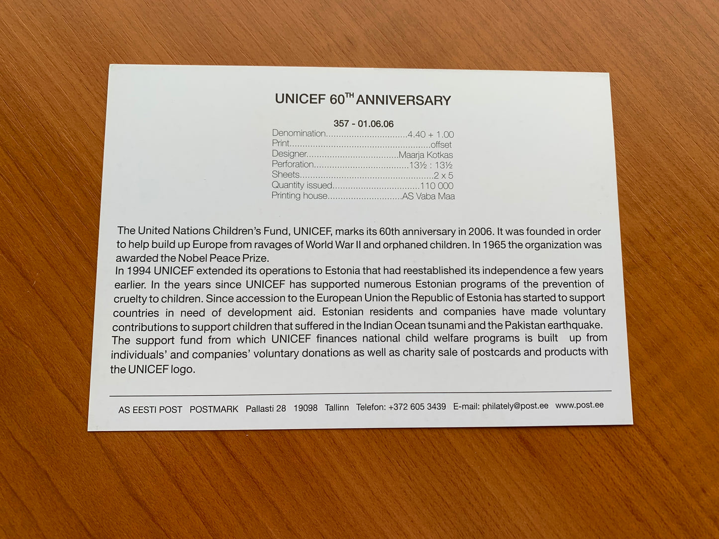 Estonian postcard - Postal stationery - UNICEF 60th ANNIVERSARY - Ducks - Philately info card - 2006