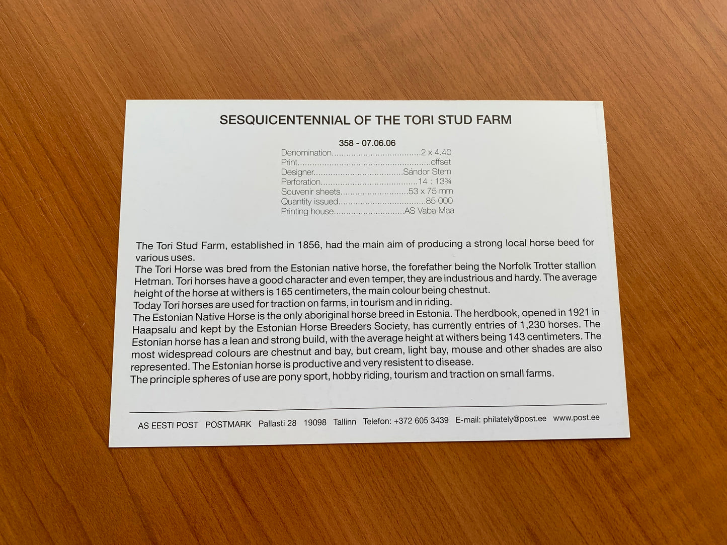 Estonian postcard - Postal stationery - SESQUICENTENNIAL OF THE TORI STUD FARM - Horses - Philately info card - 2006