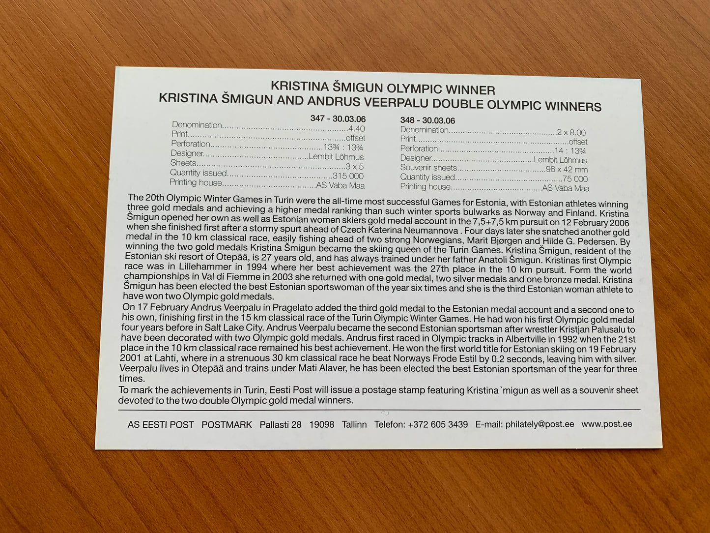 Estonian postcard - Postal stationery - KRISTINA SMIGUN AND ANDRUS VEERPALU DOUBLE OLYMPIC WINNERS - Philately info card - 2006