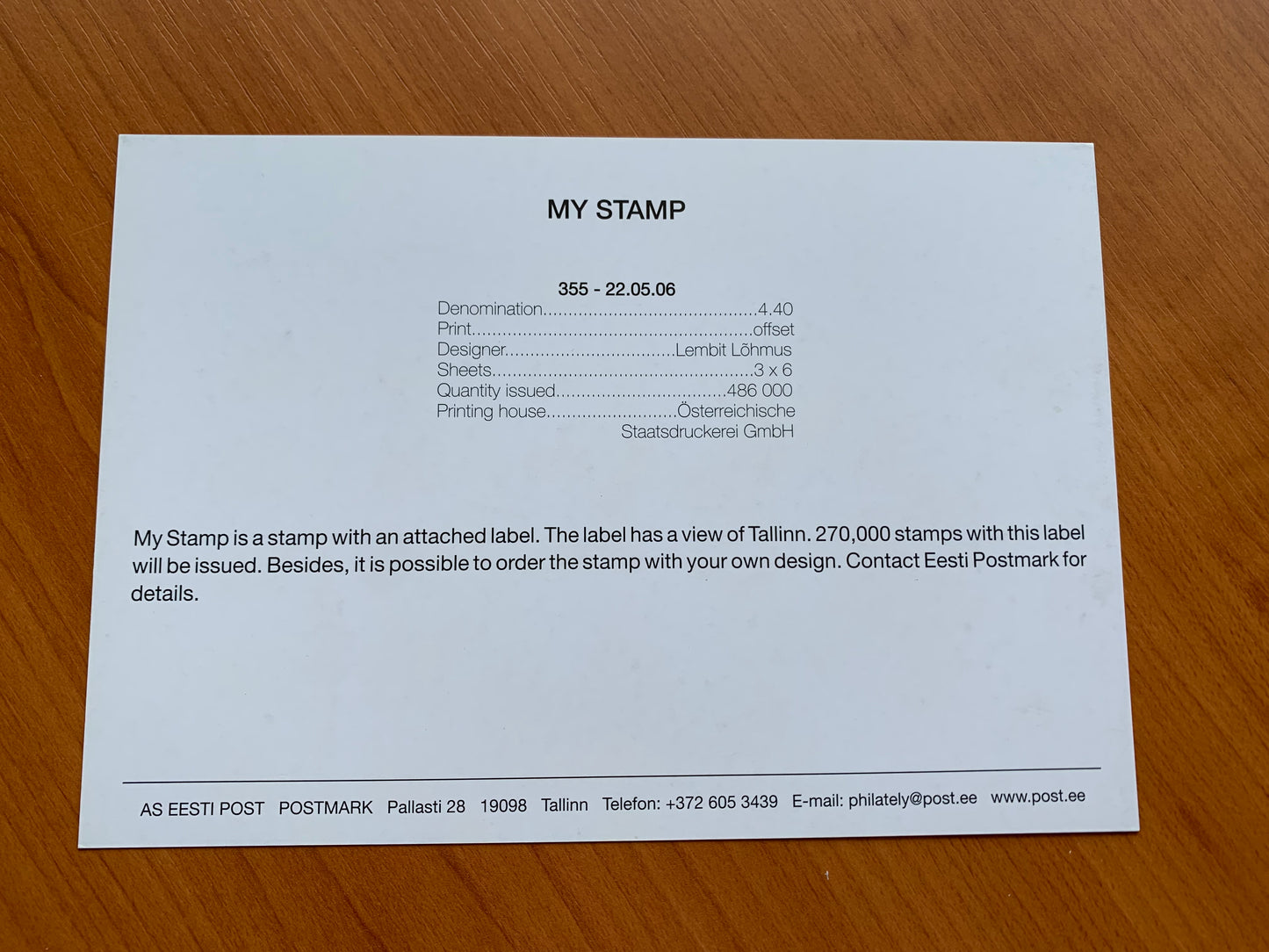 Estonian postcard - Postal stationery - MY STAMP - TALLINN - Philately info card - 2006