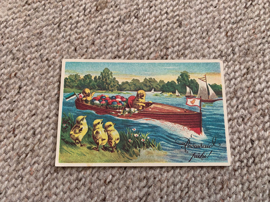 Estonian Easter Greeting card - Reproduction from old postcard - Chicks with boat and coloured eggs - 1990 - Unused