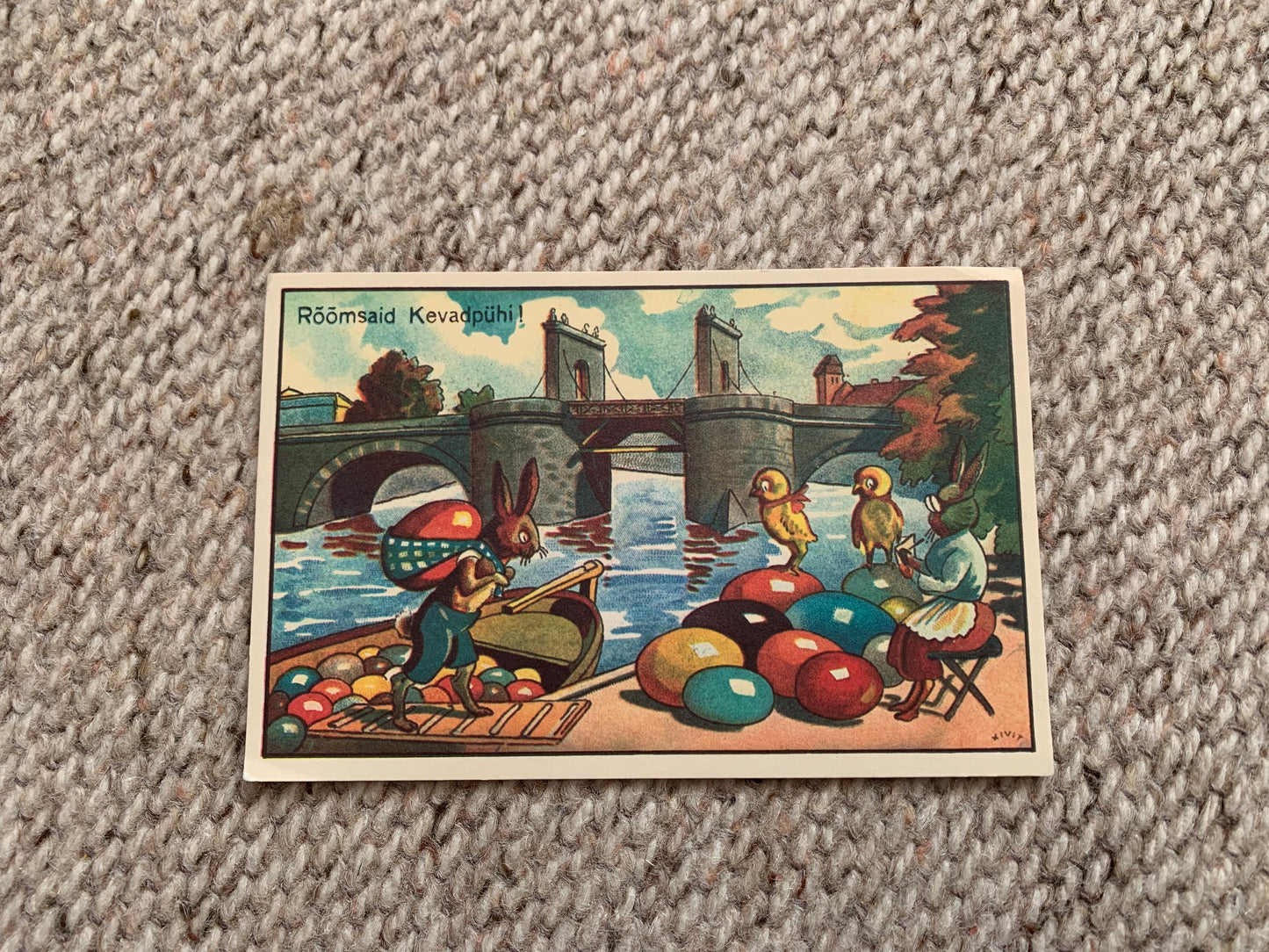 Estonian Easter Greeting card - Reproduction from old postcard - Rabbits and chicks with coloured eggs - 1990 - Unused