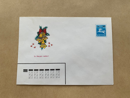 Lithuanian decorated envelope with printed stamp - Happy New Year - Collectible stationery - 1990