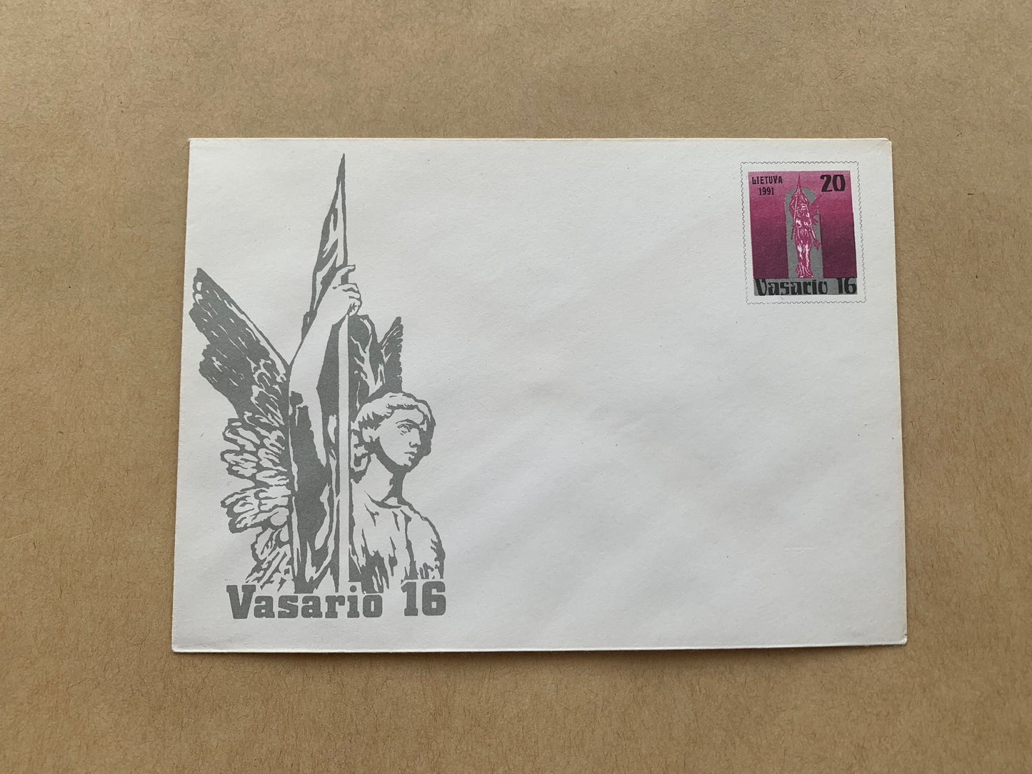 Lithuanian decorated envelope with printed stamp - Independence Day February 16 - Collectible stationery - 1991