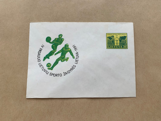 Lithuanian decorated envelope with printed stamp - Sport Games - Football Basketball - Collectible stationery - 1991