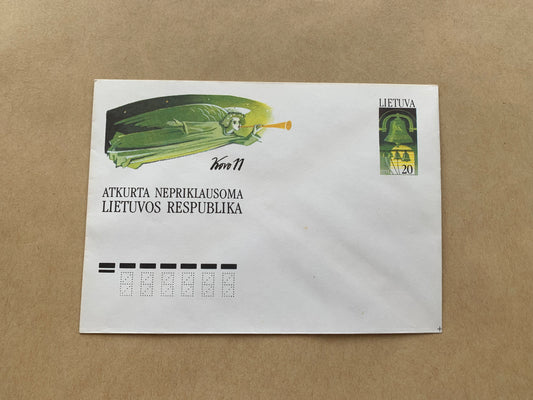 Lithuanian decorated envelope with printed stamp - Angel - Collectible stationery - 1991
