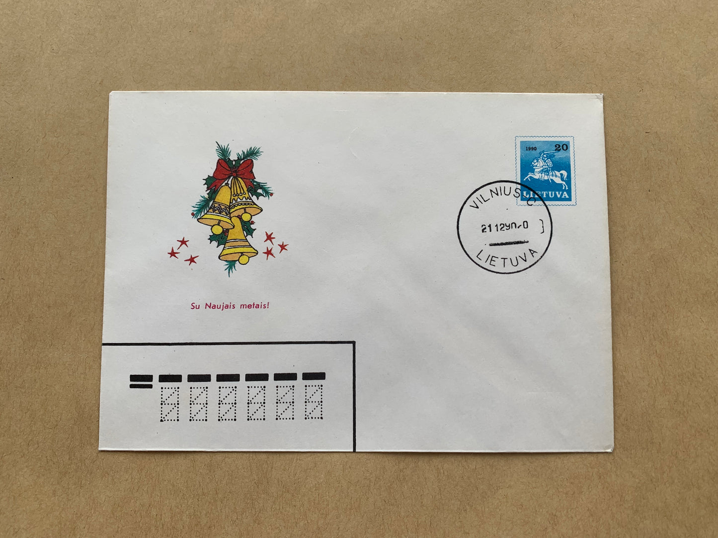 Lithuanian decorated envelope with printed stamp - Happy New Year! - Collectible stationery - 21.12.1990