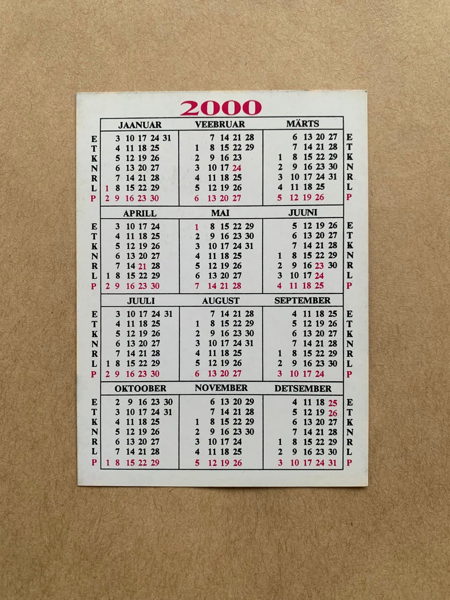 Estonian pocket calendar for the year 2000 - Cat