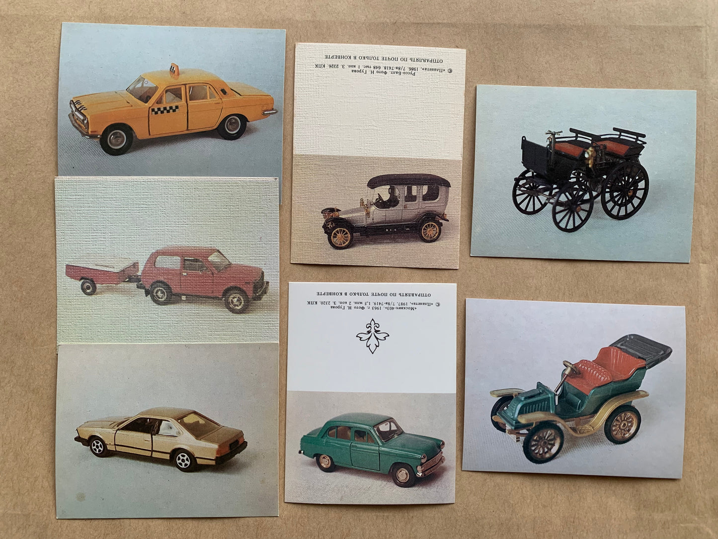 Postcards with old automobiles - Collectible cards with vehicles - cars - Printed in 1980's USSR - unused