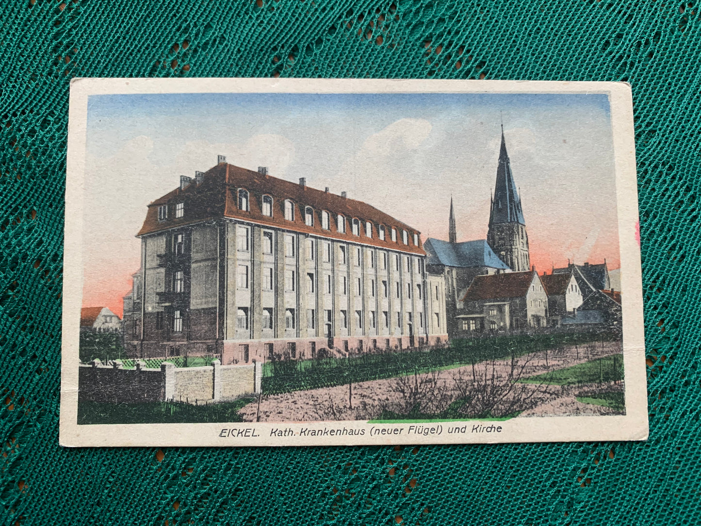 Old postcard - EICKEL - Kath. Krankenhaus (neuer Flügel) und Kirche - Germany - early 1900's