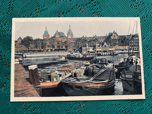 Old postcard - AMSTERDAM - CENTRAL STATION - Holland - Boat - River - early 1900's