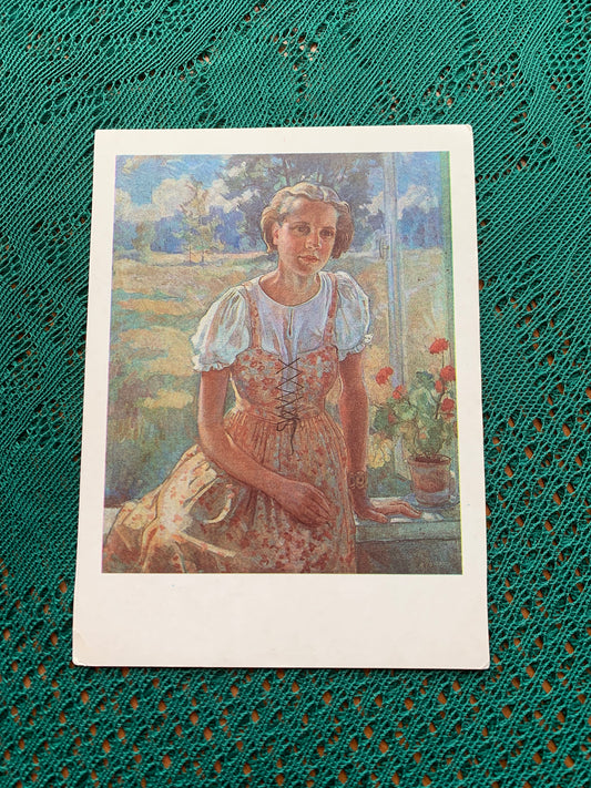Estonian art postcard - Artist August Jansen - A Girl at Window - 1987 - unused