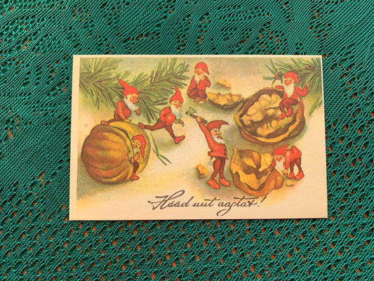 Estonian Christmas / New Year Greeting card - Christmas Dwarfs chopping walnuts - Reproduction from old postcard - 1988 - unused