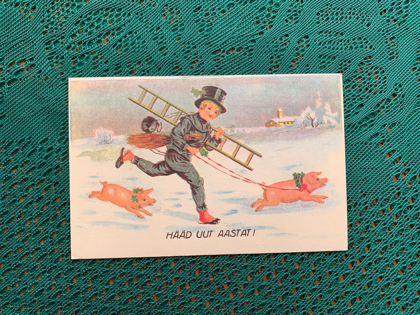 Estonian Christmas / New Year Greeting card - chimney sweeper - Christmas Pigs - Winter - Reproduction from old postcard - 1988 - unused