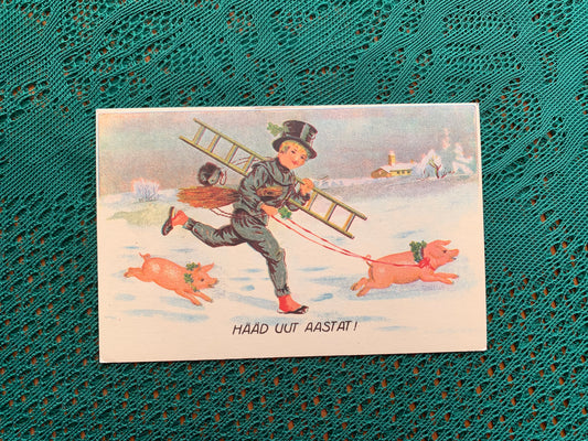 Estonian Christmas / New Year Greeting card - chimney sweeper - Christmas Pigs - Winter - Reproduction from old postcard - 1988 - unused