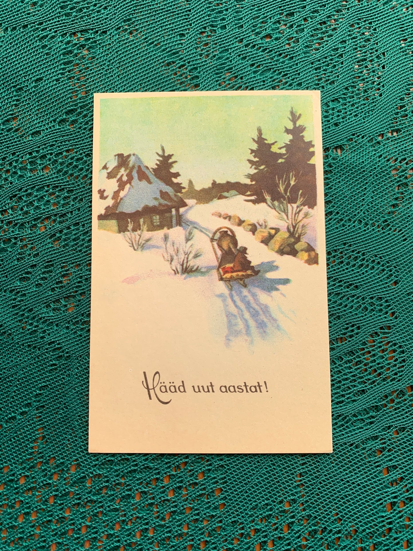 Estonian Christmas / New Year Greeting card - Reproduction from old postcard - Horse ride - Old Farm House - 1988 - unused