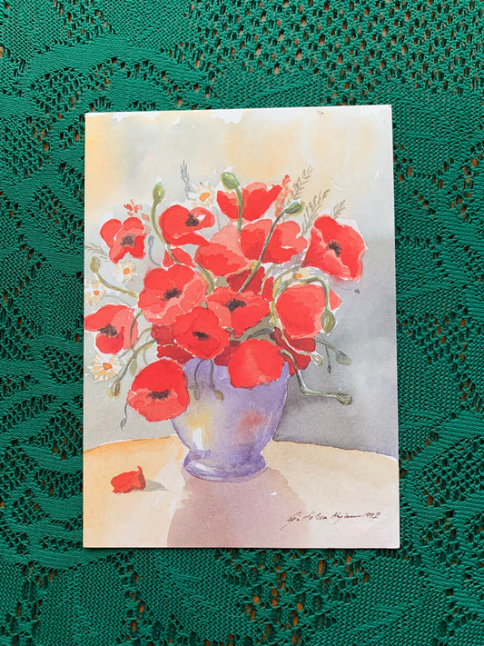 Finnish art postcard with poppies - Printed in Finland - Greeting card, collectible postcard - Flowers - unused