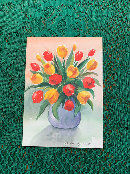 Finnish art postcard with tulips - Printed in Finland - Greeting card, collectible postcard - Flowers - unused