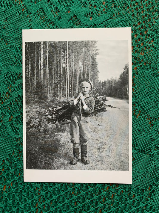 Finnish art postcard with a boy carrying branches on back - Printed in Finland - Greeting card, collectible postcard - unused