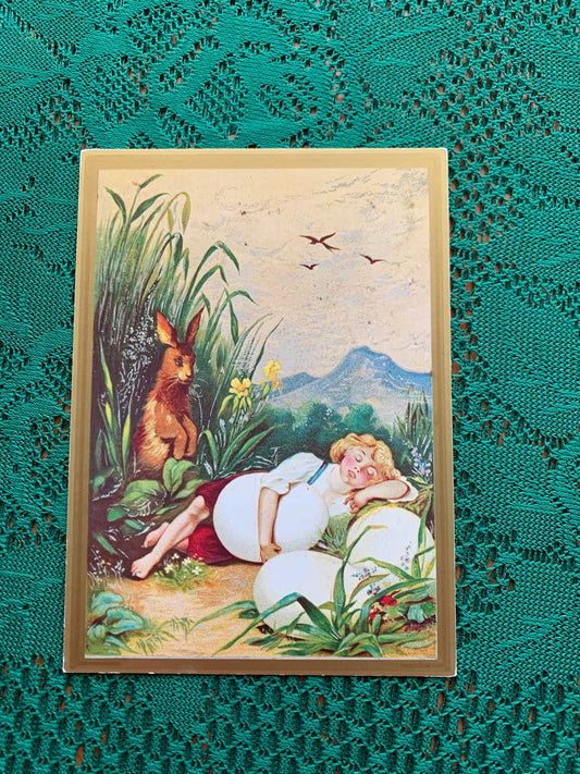 Vintage Chimera art postcard - Produced in UK - A Girl Sleeping with eggs - Unused Greeting card