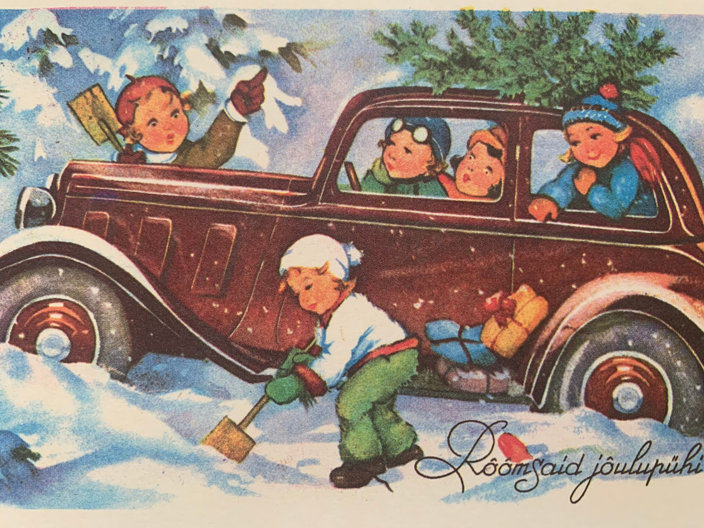 Estonian Christmas / New Year Art Greeting card - Winter - Children - Reproduction from old postcard - 1991 - unused