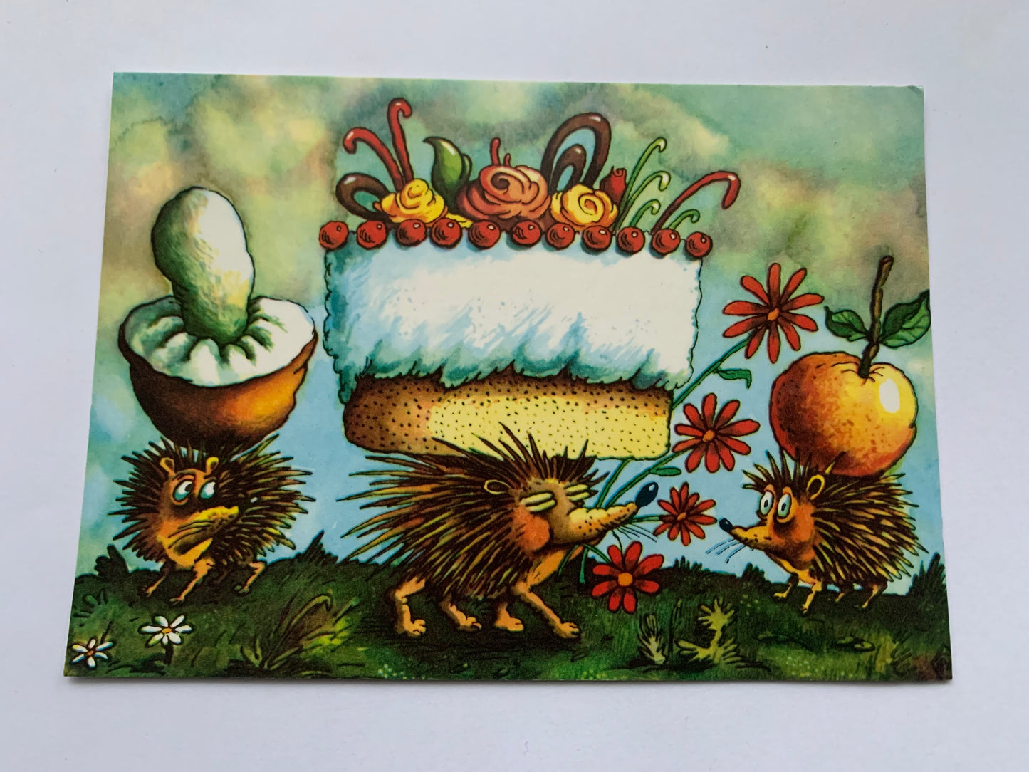 Estonian art postcard - Greeting card - Hedgehogs carrying gifts - Artist A.Vasar - Printed in 1985 - unused