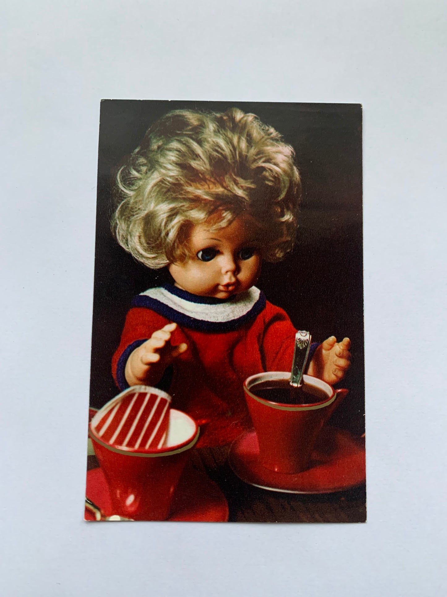 Russian postcard - Greeting postcard - A Doll drinking Tea - Printed in USSR - 1971 - unused