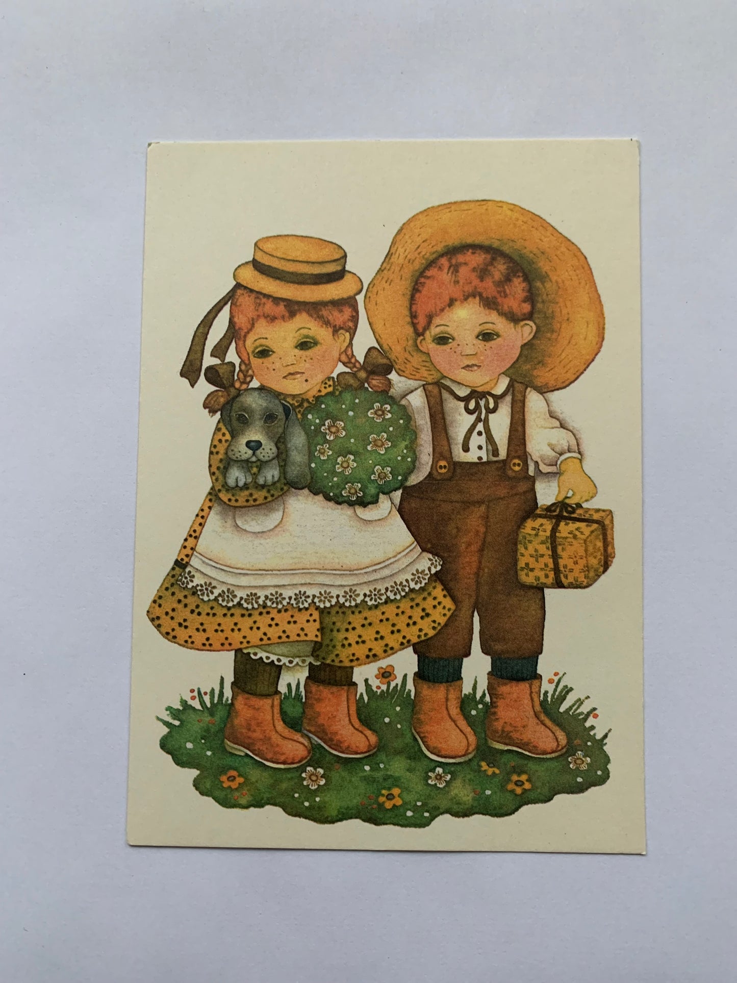 Estonian art postcard - Artist Viive Noor - Boy Girl Dog Flowers - 1986 - unused