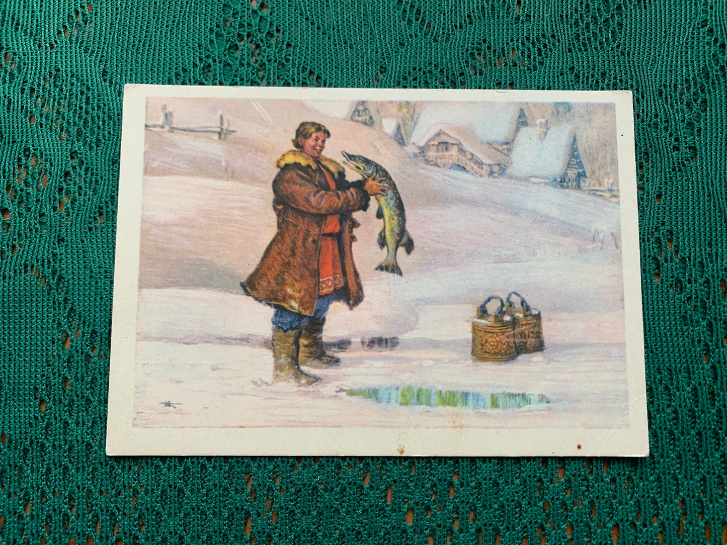 Fairy-tale postcard - Russian Fairy tale "BY PIKE'S ORDER" Emelyan saw a pike in the ice hole - Printed in USSR - 1956 - unused