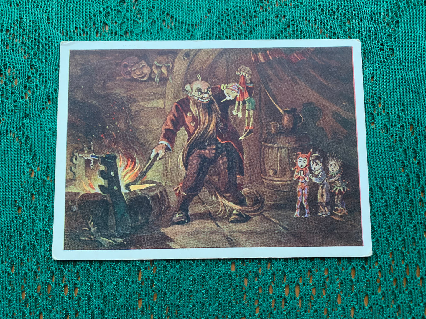 Fairy-tale postcard - L. Vladimirsky “Golden Key” L. Vladimirsky Buratino at Karabas - Printed in USSR - 1955 - unused