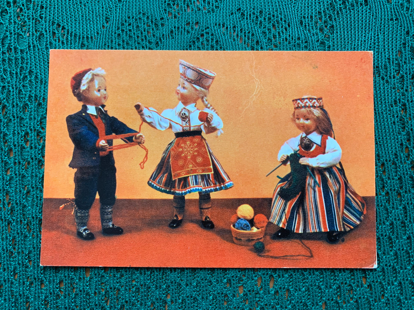 Soviet art postcard - ON AN EVENING (Dolls in Estonian national costumes) - Artists E.Borisova and E.Askinazi - 1967 - unused