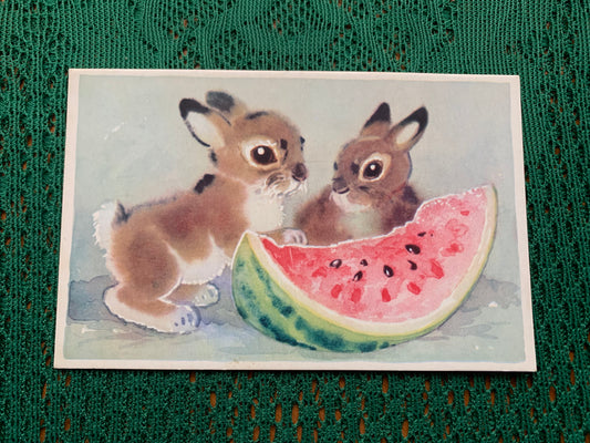 Russian art postcard - Artist L.Gamburger - Bunnies and Watermelon - Animal postcard - Printed in USSR - 1970 - unused