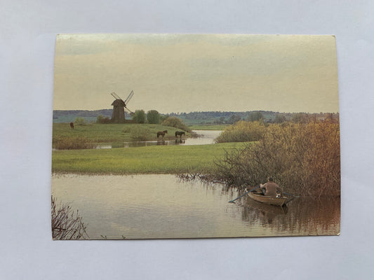 Soviet postcard - Landscape - A boat on the river - Horses - Windmill - Printed in USSR - 1988 - unused