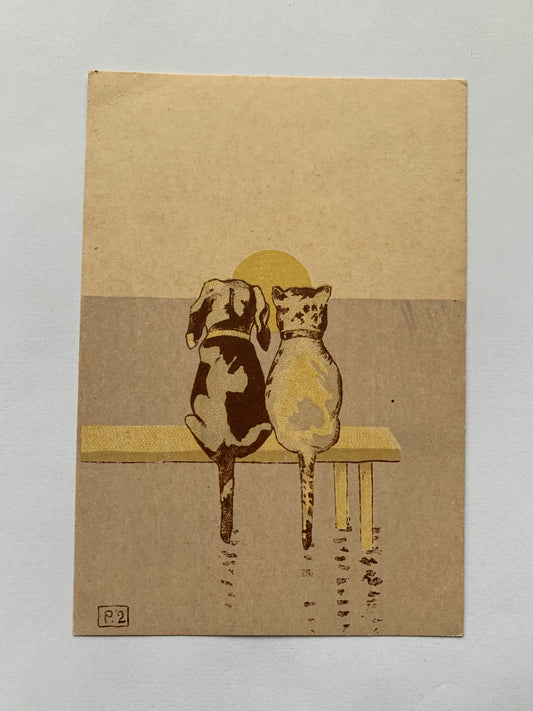 Old postcard- Antique postcard - Cat and dog sitting together - Friends - early 1900's
