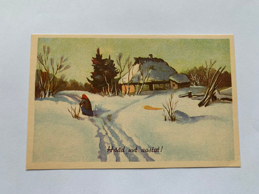 Estonian Christmas / New Year Art Greeting card - Horse ride - Old farm house - Winter - Reproduction from old postcard - 1990 - unused