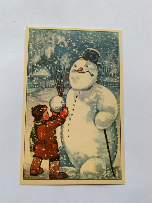 Estonian Christmas / New Year Art Greeting card - Boy and Snowman - Winter - Reproduction from old postcard - 1990 - unused