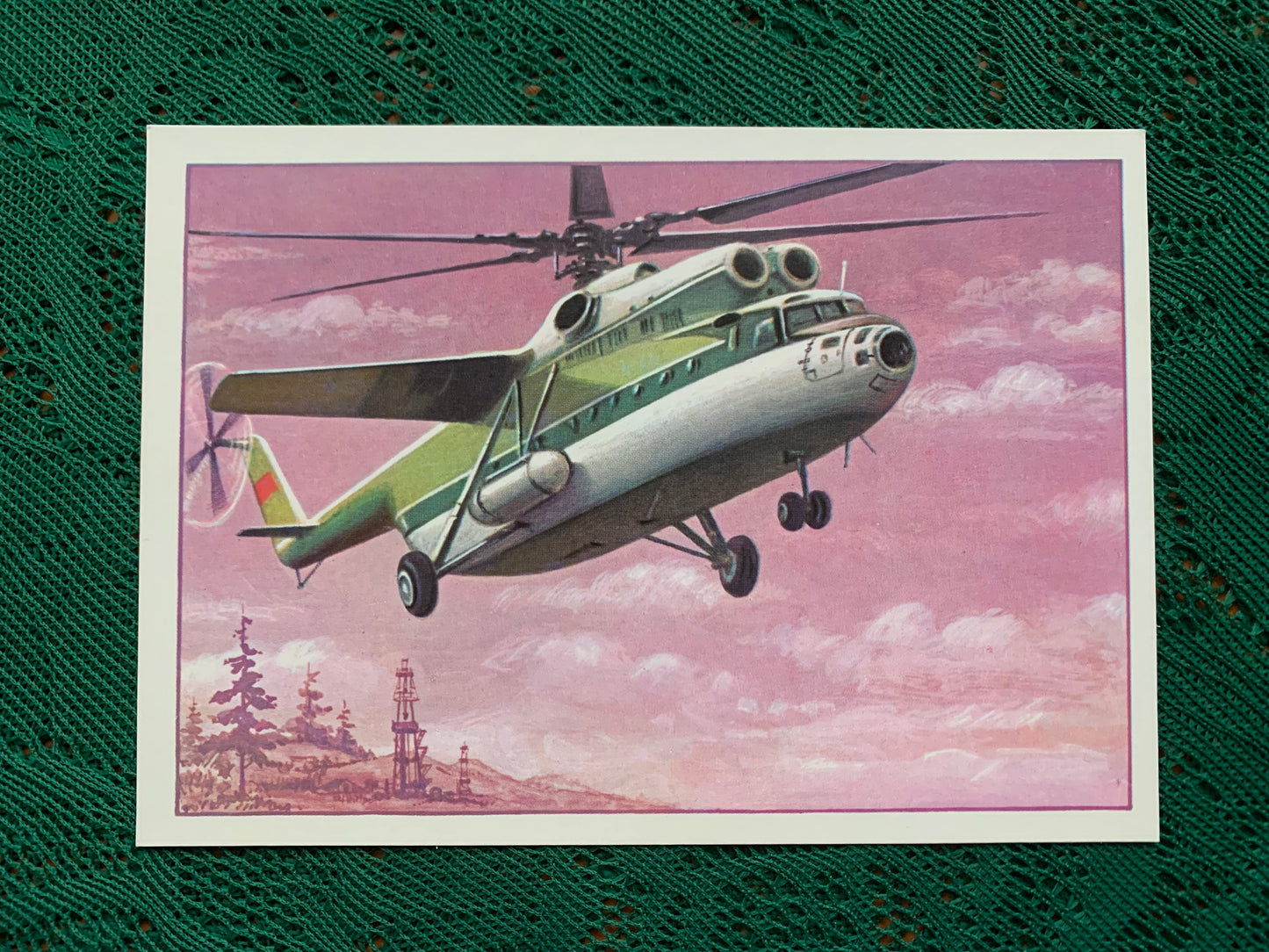Russian art postcard - N.N.Kolesnikov - Helicopter MI-6 - Soviet Plane and Helicopter Postcards - Vertolet Military Aircraft - Soviet Air Force - 80s Plane Postcard - Printed in USSR - 1980 - unused