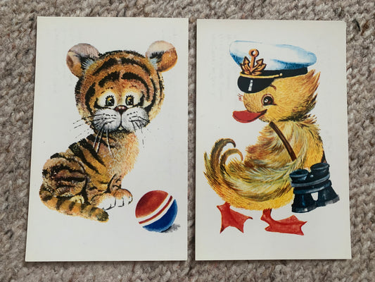 Russian art postcards - Artist L.Manilova - DUCK - TIGER - Animal postcards - Printed in USSR - 1978 - unused