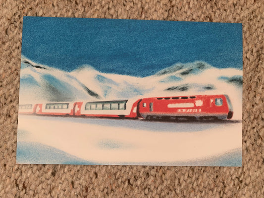 ST. MORITZ Switzerland. Lisa Mouchet art postcard - The Glacier Express train in St.Moritz - Winter - collectible postcards - 200s - unused