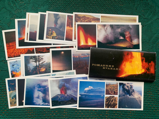 Soviet-time postcard set for collecting - THE BIRTH OF A VOLCANO - Lava Geyser Kamchatka - 1978 - unused 18 postcards