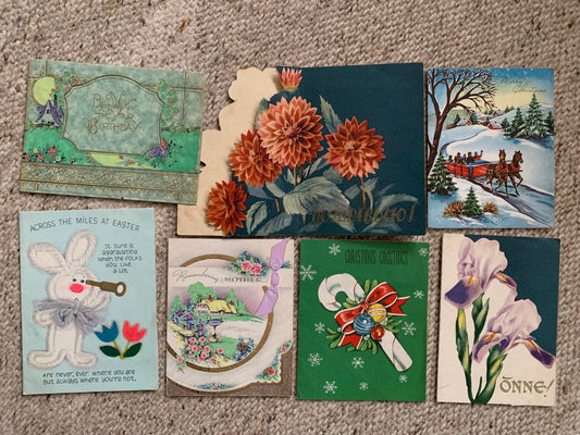 7 Antique art Greeting postcards - Christmas - Birthday - Easter - Printed in 1930s-1940s - used/unused