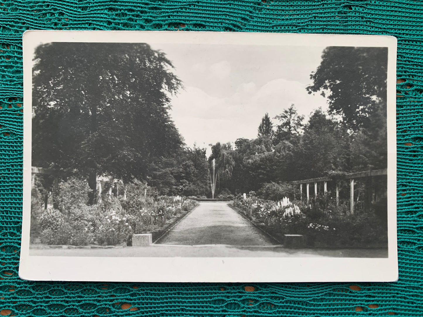 Old German postcard - Zerbst / Anhalt Rephun's Garden - central aisle with fountain - DDR/GDR - 1950s - Unused