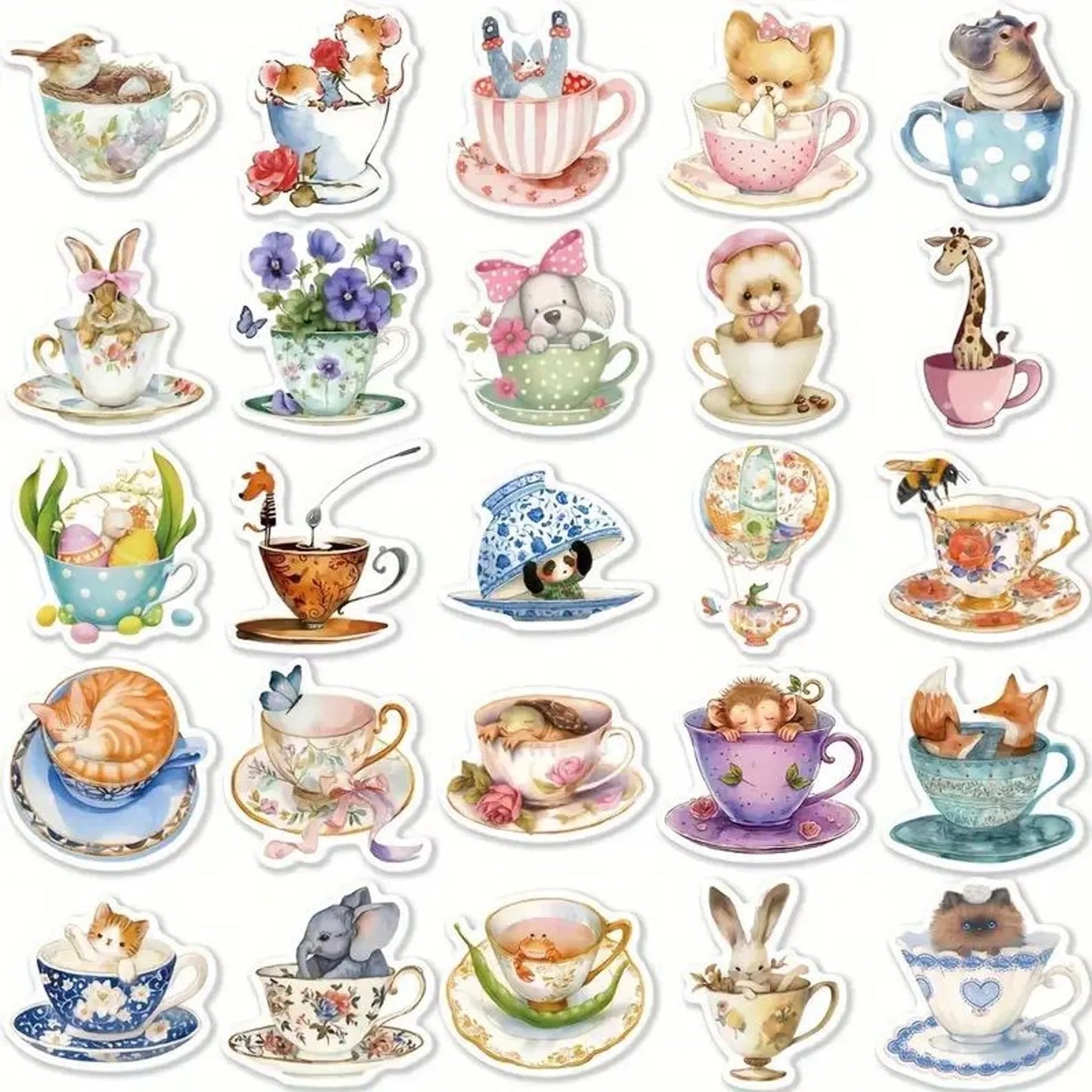 50 pcs Vintage Cute Animal in Tea Cup Stickers - Deco Paper Ephemera