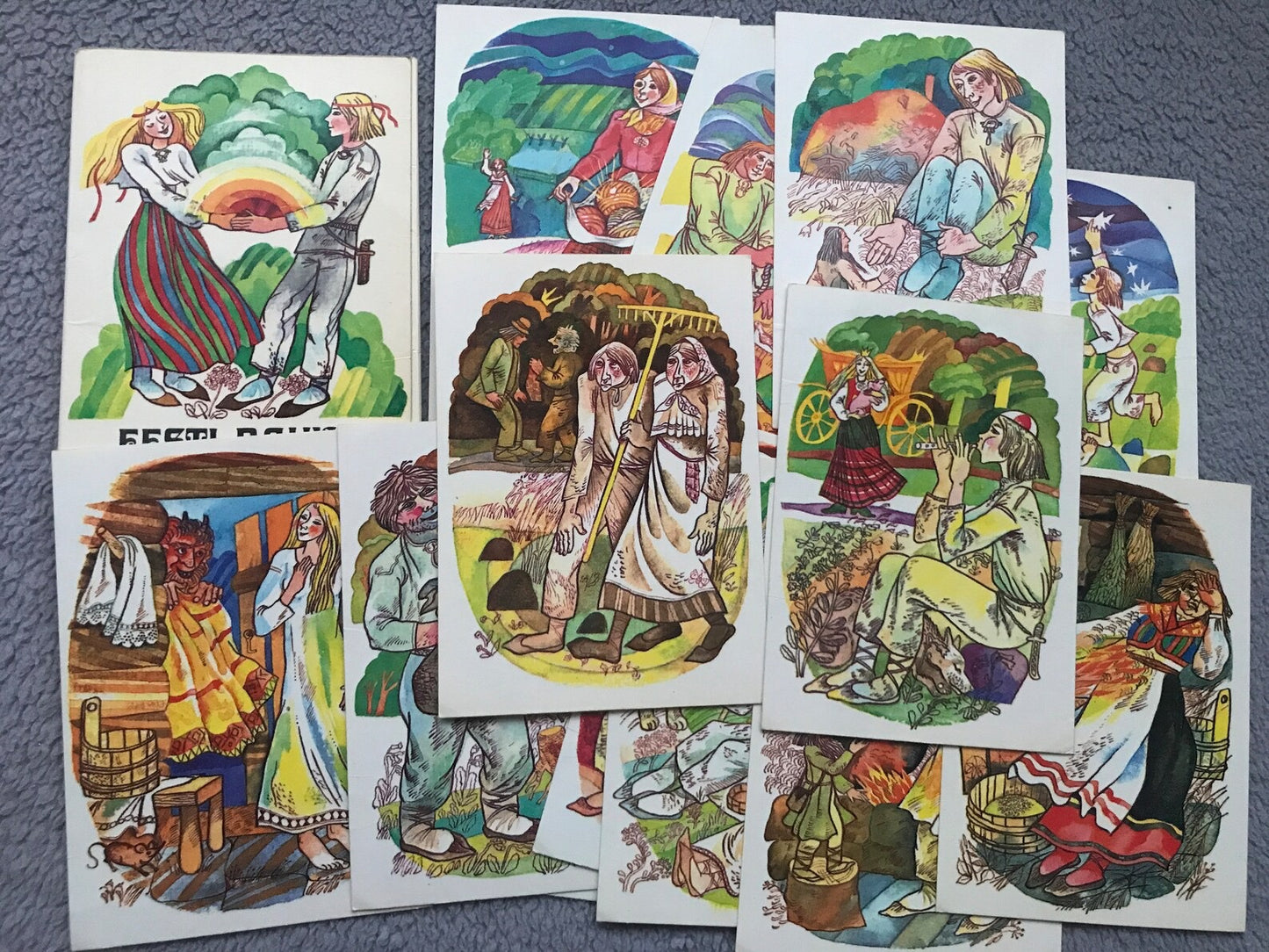 Set of 15 art postcards - Illustrations for Estonian fairy-tales - Artist Iivi Raudsepp - Prnted in USSR - 1979 - unused
