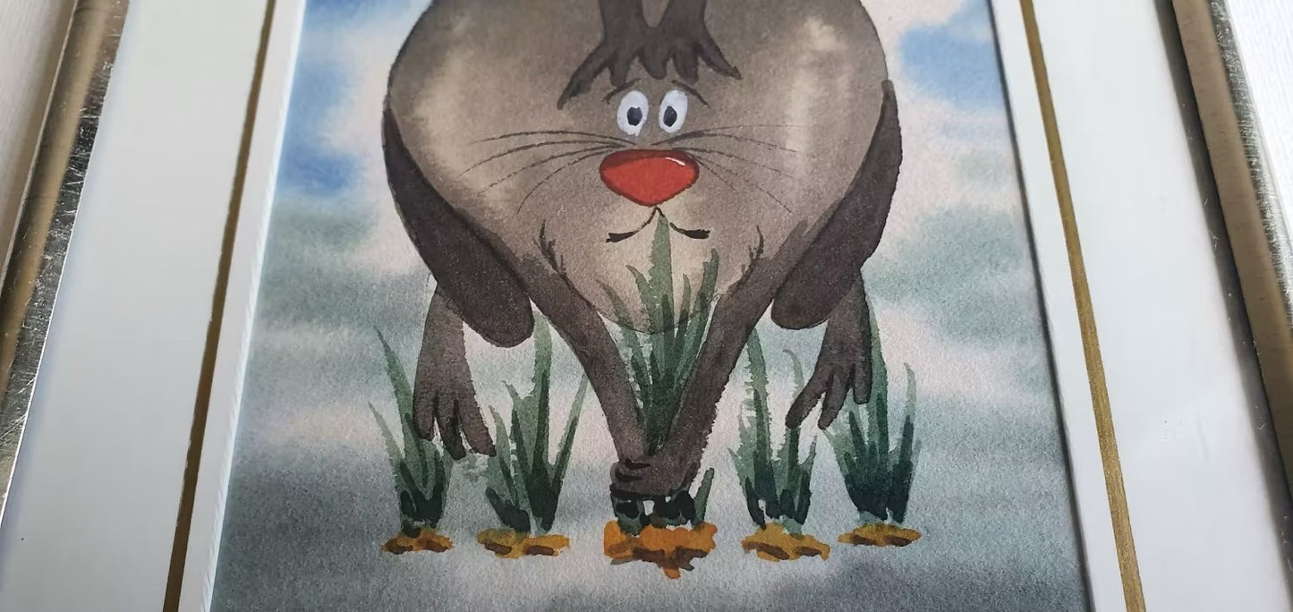 ORIGINAL WATERCOLOR PAINTING - Estonian artist V.GUREI - Whimsical Rabbit - Framed 13 x 17 cm - 2004