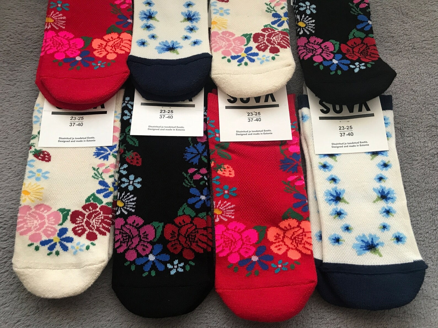 Half-terry socks with Estonian national floral pattern. Pick your favourite! Muhu island Folk, Rye Flower, Halliste Folk, Cannabis leaves