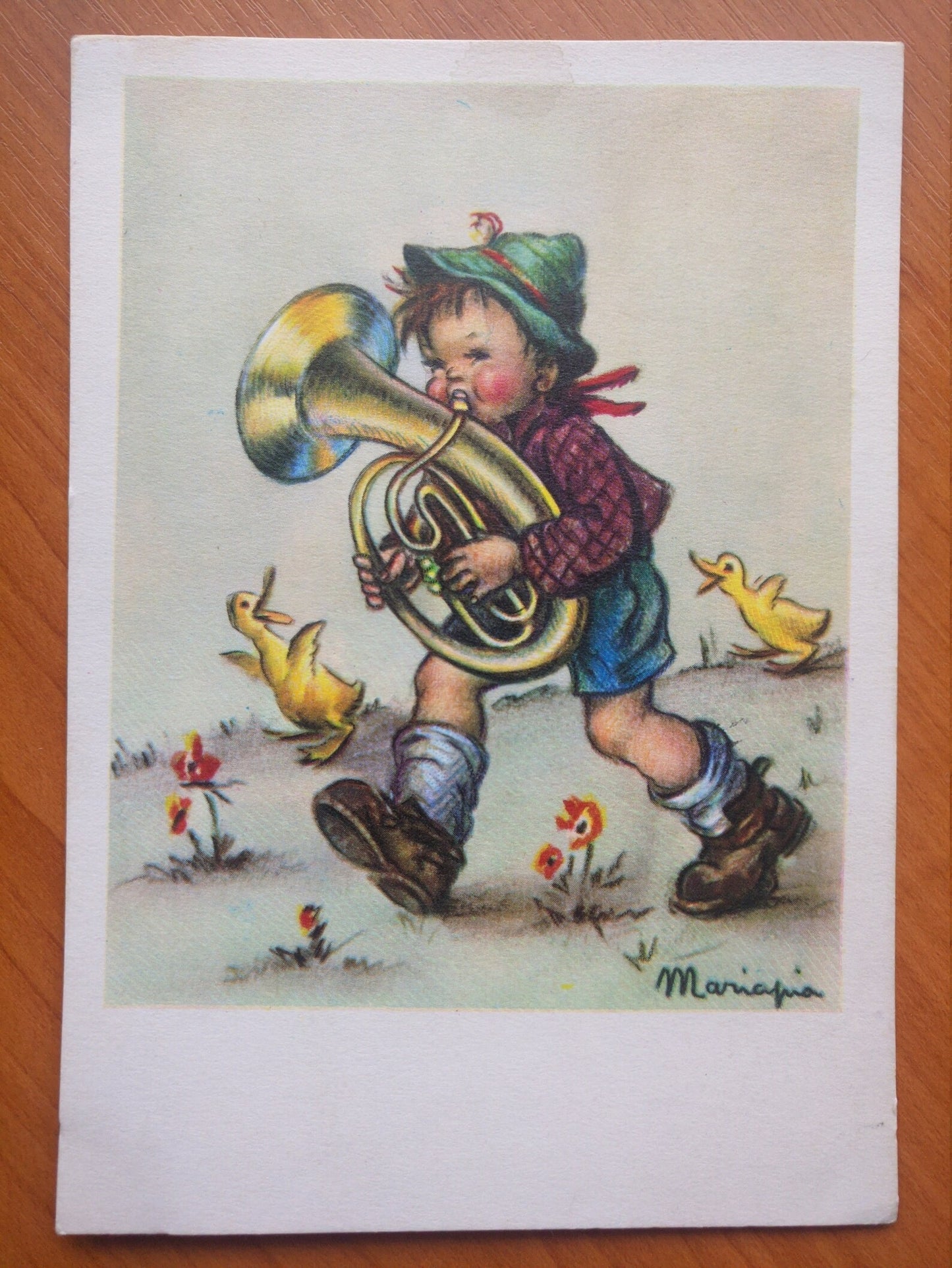 Maria Pia Franzoni Tomba art postcard - Boy with French Horn, Ducks - Printed in 1950s - unused